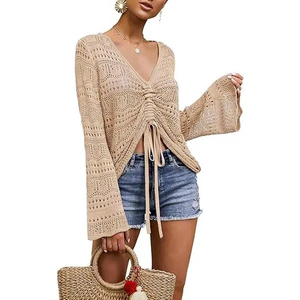 PiePieBuy Women's Boho Crochet Knit Crop Top - Sheer Off-Shoulder Bell Sleeve V-Neck Drawstring Casual Fashion Apparel, Minimalist Romantic Swimsuit Cover-Up, Romance, Beach Wear