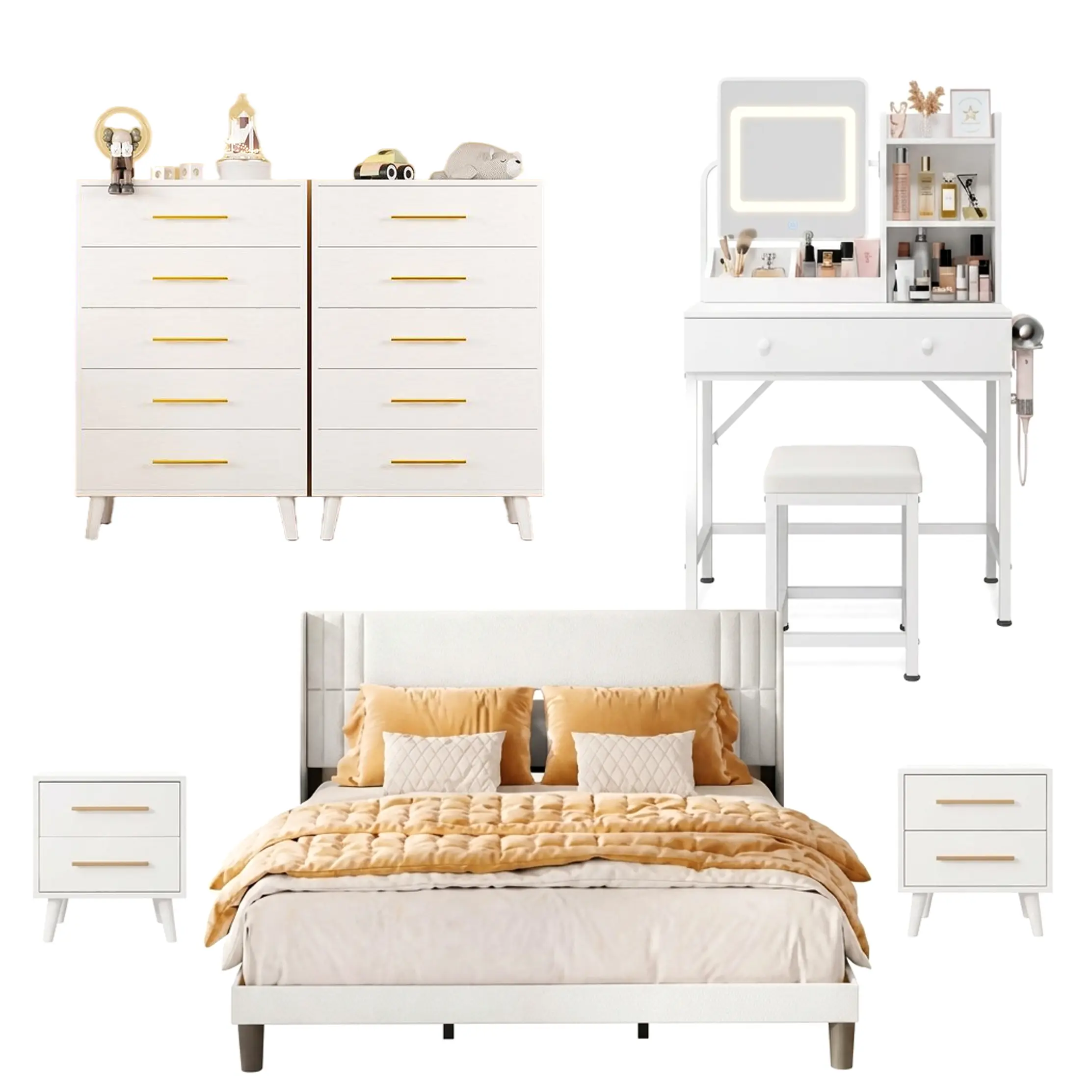 GIZOON 6-Piece White Wood Adjustable Ergonomic Indoor Bedroom Furniture Matching Set - Queen Bed Frame, LED Mirror Makeup Vanity, 2x5-Drawer Dresser, 2 Nightstands, Matching Bedroom Sets