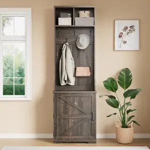 Farmhouse 3-in-1 Entryway Hall Tree with Bench, Coat Rack & Shoe Storage, 5 Heavy Duty Hooks, 2 Open Cubbies, Anti-Tip Kit, Space-Saving Entryway Organizer for Foyer, Hallway, Mudroom, Brown
