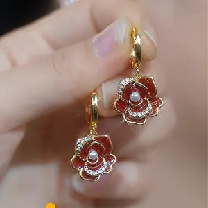 LisiZen Korean Style Elegant Vintage Camellia Zircon Earrings for Women Minimalist Flower Stud Earrings DZEH5196