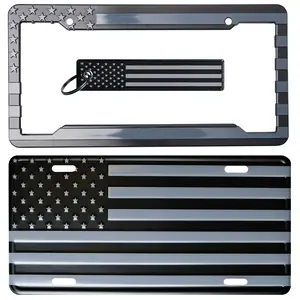 American Flag License Plate, Frame, and Key Tag Combo kit Grey And Black