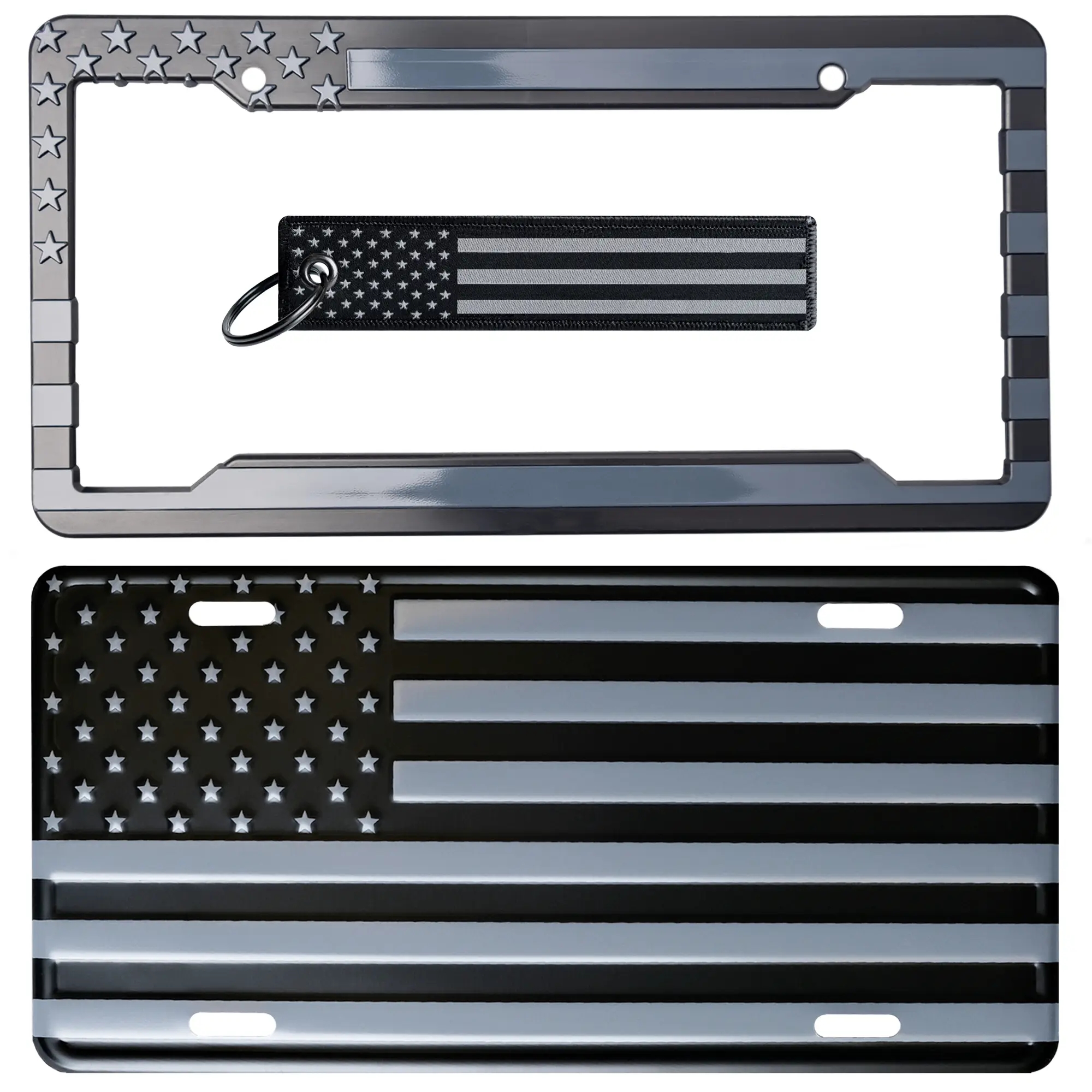 American Flag License Plate, Frame, and Key Tag Combo kit Grey And Black