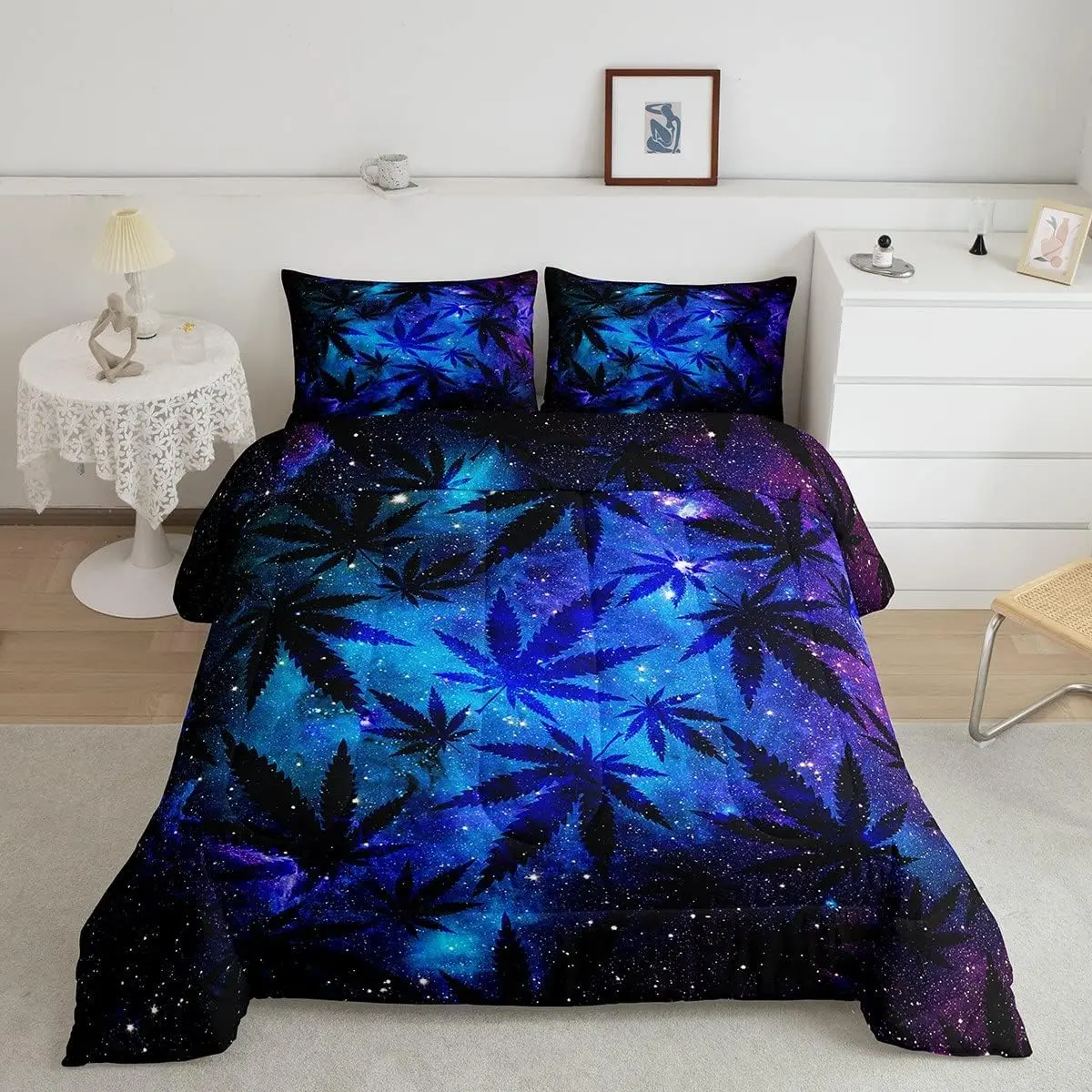 Feelyou Designer Breathable Microfiber Duvet Set - Decorative Bedding Set with Galaxy Cannabis Leaf, Universe Outer Space, and Botanical Weed Prints, Breathable Duvet Set