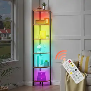 MDF Wood 5-Tier Wall Corner Shelf - RC/APP-Controlled Multi-Color LED Lights, 68" Tall Durable Corner Bookshelf (Above 25 kg Capacity) for Collectibles Storage, Home Decor for Living Room