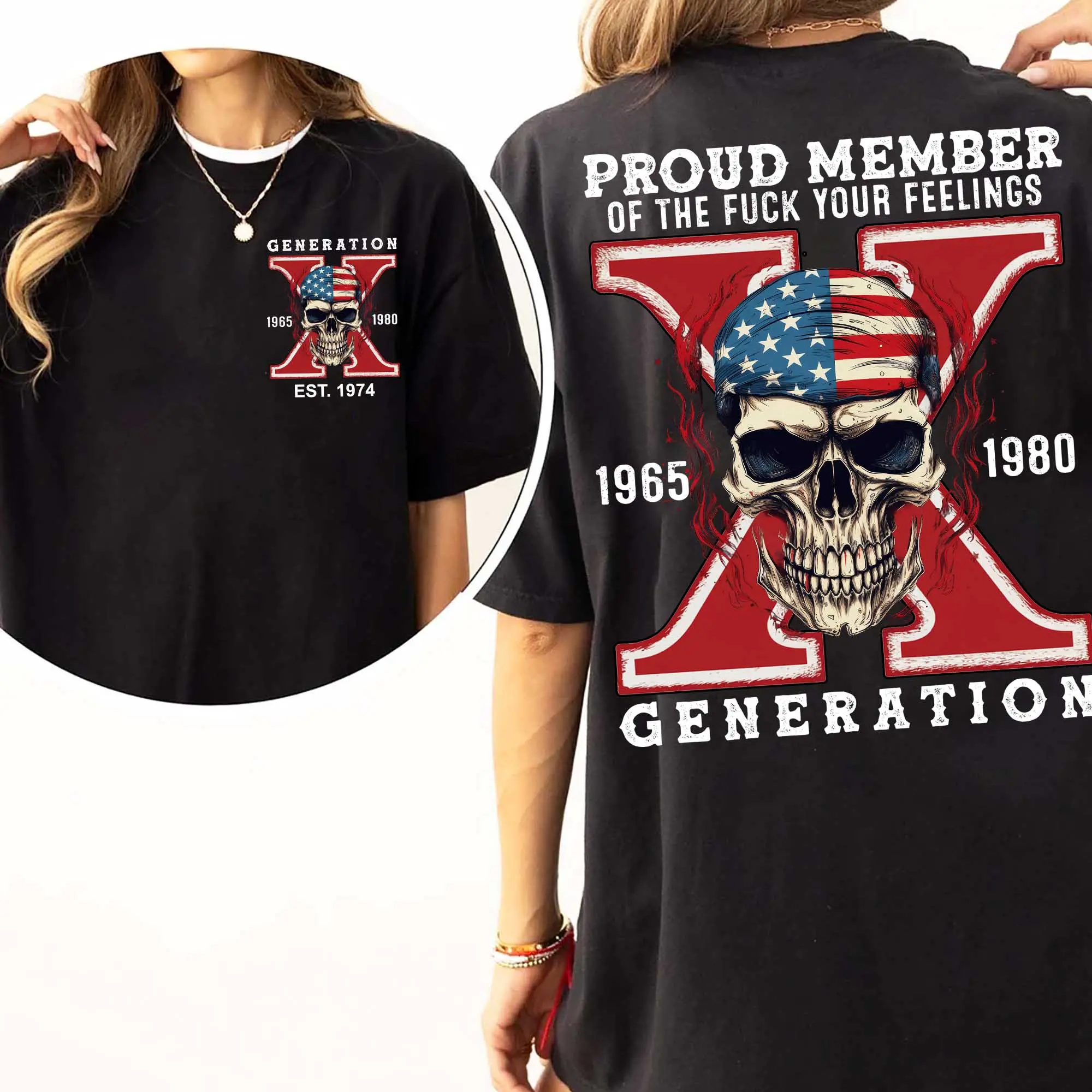 [100% Cotton] Gen X Skull, Gen X Raised On Hose Water And Neglect T-Shirt, Vintage Inspired Shirt Casual Menswear Classic Cotton Black Graphic Breathable Fabric