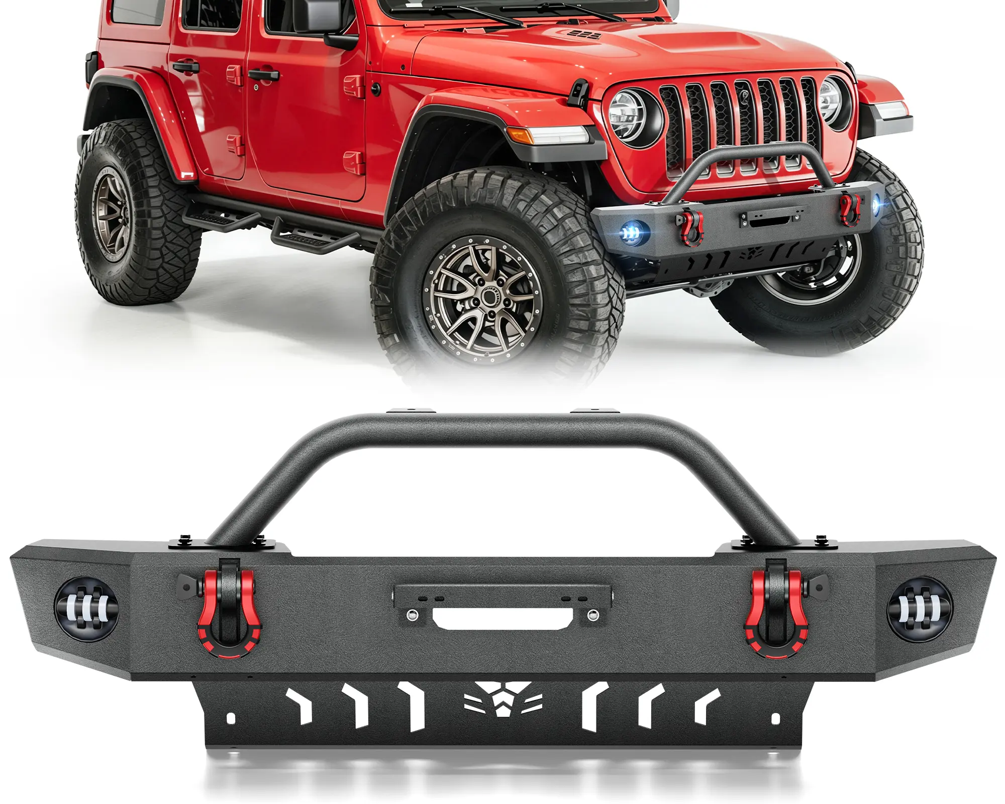 【Yzona】Front Bumpers Compatible with 2018-2026 Jeep Wrangler JL, 2020-2026 Gladiator JT with Winch Plate LED Lights D-rings Steel Black