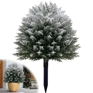 1 Pack / 2 Pack Artificial Cedar Topiary Ball Trees with Spikes, 21 Inch with Snow Christmas Outdoor Decorations, UV Resistant Artificial Plants for Porch, Patio or Flower Pots