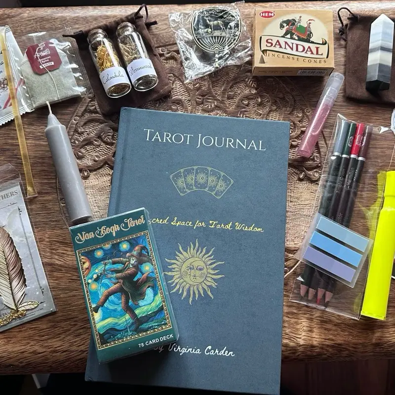 SACRED Beginner Tarot Deck Set - Soft-Cover Tarot Journal, English Spiritual Exploration Book, Writing Tools, Bookmarks, Stickers, Chime Candle, Blessed Salt, Herb Vials, Incense, Herbal Tea Bags for Virginia Carden Blind Date-Inspired Practices, Highligh