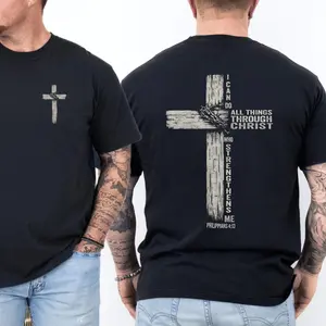 Double Sided Faith Quote Washed T-Shirt Philippians 4:13 Christian Cross Graphic Tee for Menswear Top
