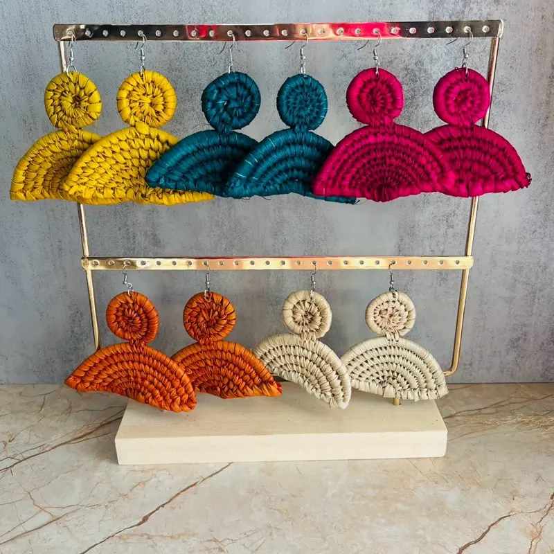 47/FAN: Handcrafted Raffia Leaf Woven Statement Earrings, Naturally Dyed, Hypoallergenic, Skin Irritation-Free .