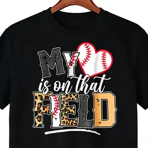 My Heart Is On That Field Mother's Day Baseball Mom Women T-Shirt Women T Shirt, Short Sleeve Round Neck Casual Top For Summer & Spring, Women's Clothing