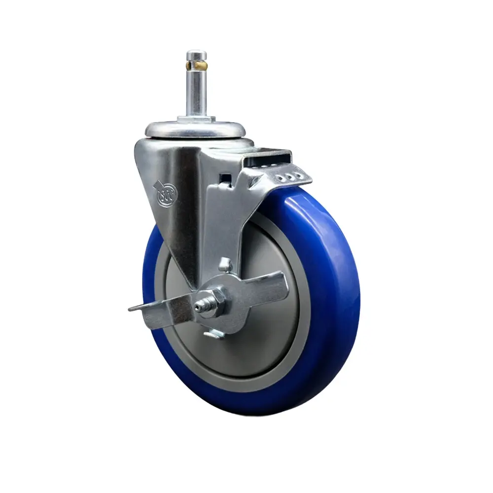 Service Caster SCC-GR20S514-PPUB-BLUE-TLB-716138 Polyurethane Swivel Ball Bearing Stem Caster, 5 x 1.25 in Blue Wheel, 0.43 in Stem Mount, Top Locking Brake, 350 lbs Capacity for Carts & Equipment on Concrete/Tile, Casters