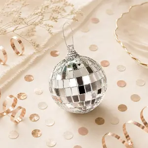 6 Pack Silver Foam Disco Mirror Ball With Hanging Strings, Holiday Christmas Ornaments 2"