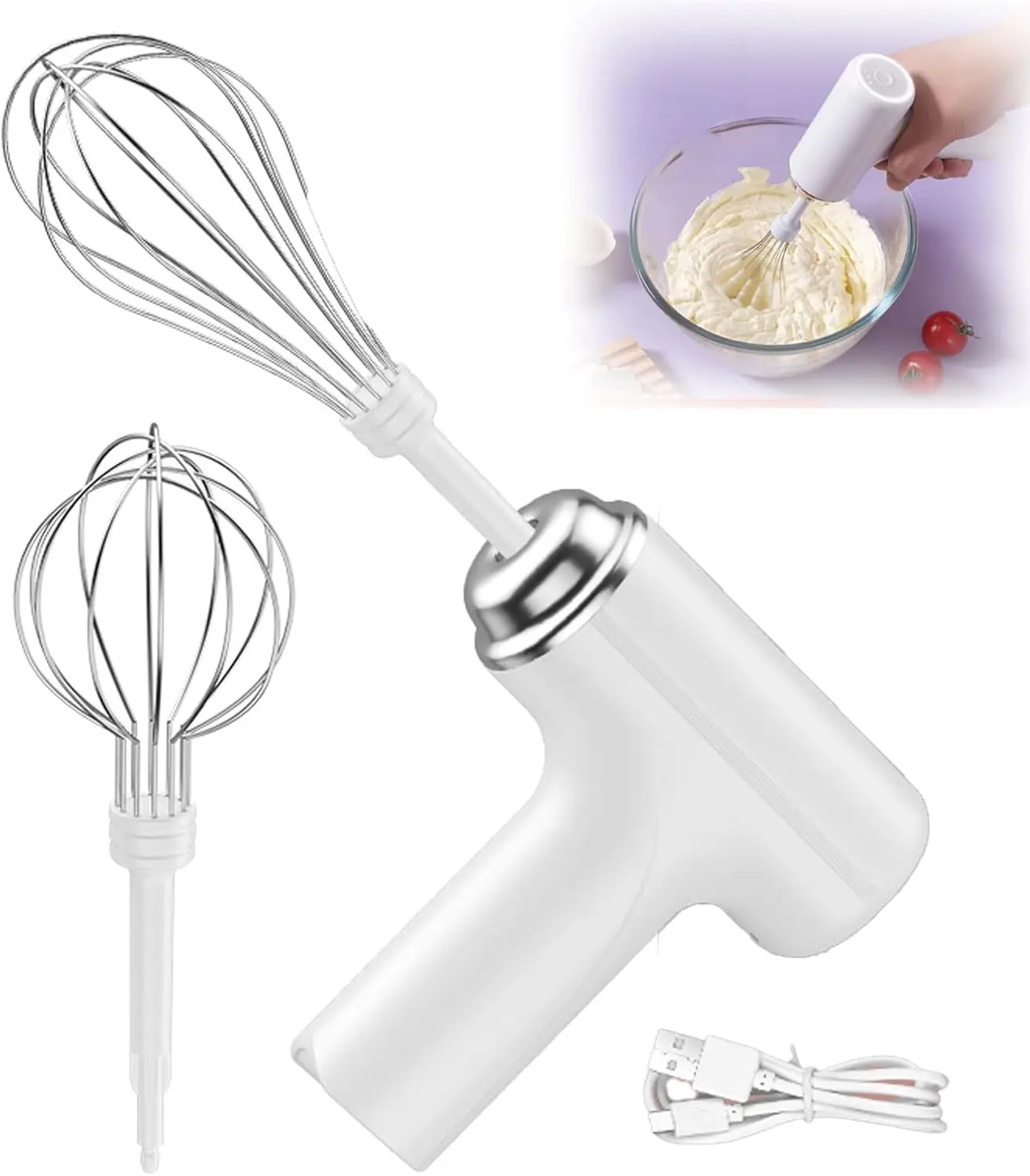 Cordless Handheld Mixer - White 3-Speed Electric Food Mixer, 3 Stainless Steel Whisk Heads, Portable Kitchen Egg Beater, Minimalist Baking Appliance for Outdoor Use, Three Speeds Rechargeable Hand Mixer Kitchen Hand Mixer