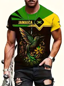 Men's Jamaica Hummingbird 3D Print T-Shirt, Vibrant Flag Colors, Casual Fitted Round Neck Short Sleeve Tee, Stretchy Polyester Elastane Blend Fabric