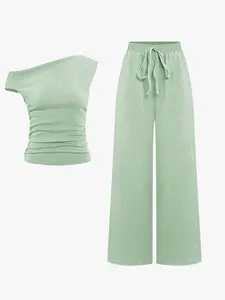 KatchMe Women's Solid Color Sloping Shoulder Shirred Slim Top & Wide Leg Trousers Co-ord