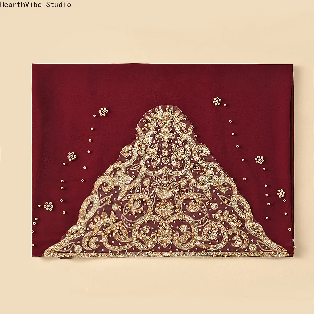 Women's Luxury Chiffon Hijab Headscarf with Gold Embroidered Lace, Soft Maroon Wrap for Wedding & Eid Events, Female, Embroidery, Ceremony, Sports, Hair Scarves, Soft Fabric, Lace Wrap