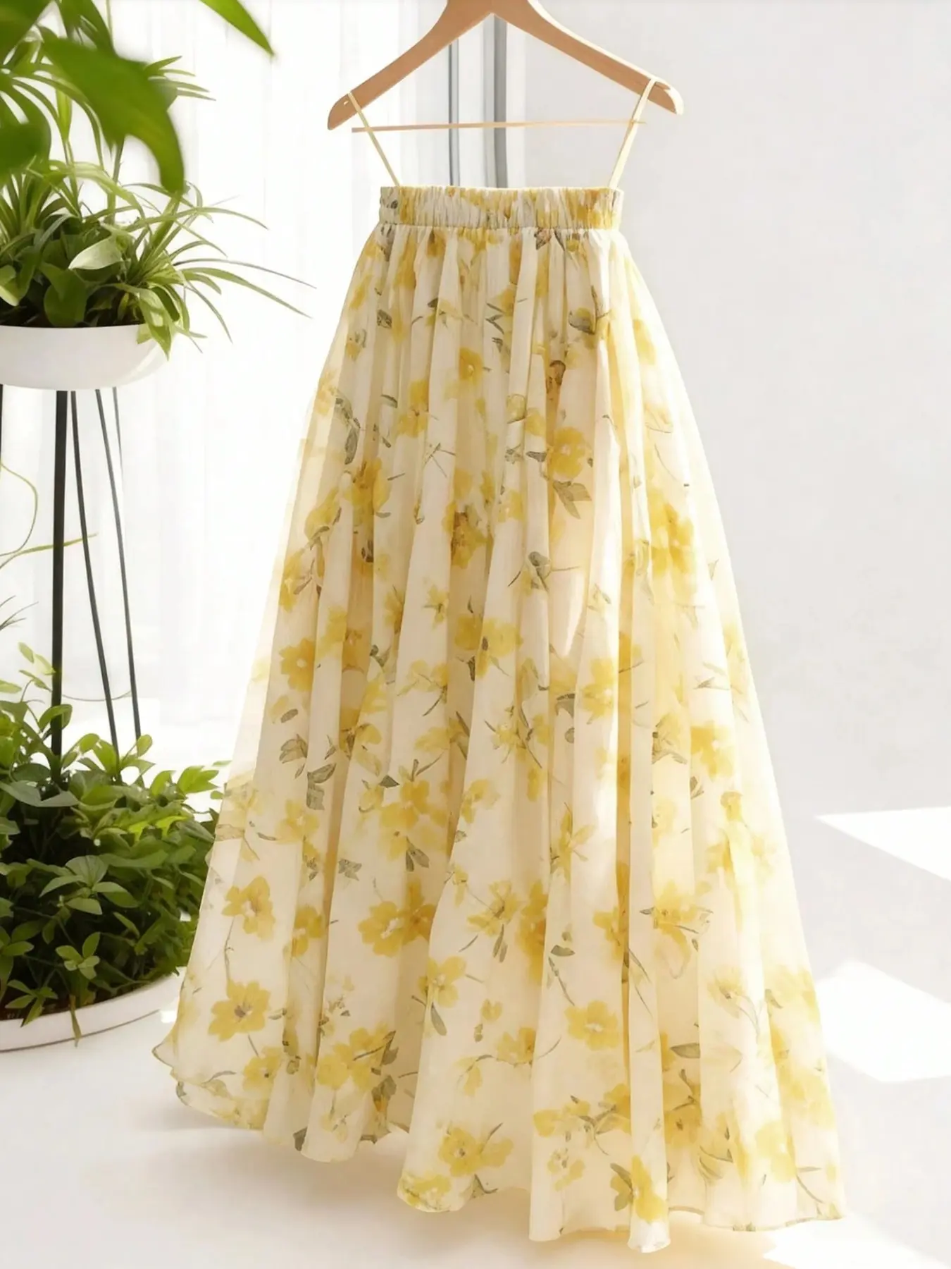 Floral Print Chiffon Layered Mesh A-Line Flowy Elegant Versatile Vacation Workwear Women Bottom Skirt, Summer Long Skirt, Spring Skirt, A Line Skirts