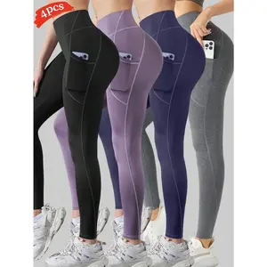 4pcs Sports Yoga Pants With 9" Pocket, Patchwork Yoga Leggings Suitable For Fitness, Exercises, Outdoor Activities