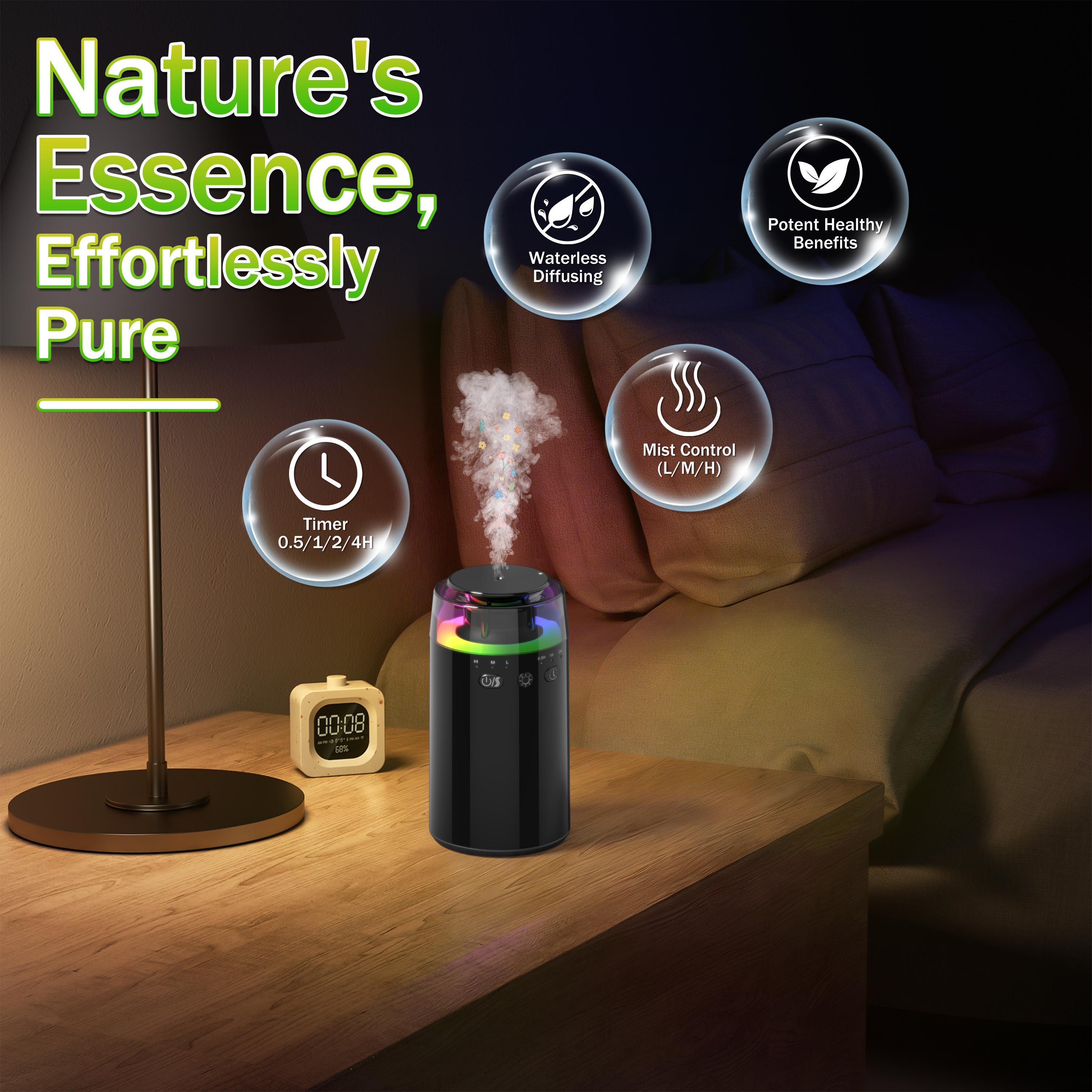 Waterless Essential Oil Diffuser: Battery Mini Scent Air Machine with 8 Bottles of Essential Oils for Home, Room, Car, Office with RGB Colorful Light — Cool Mist Aroma Machine