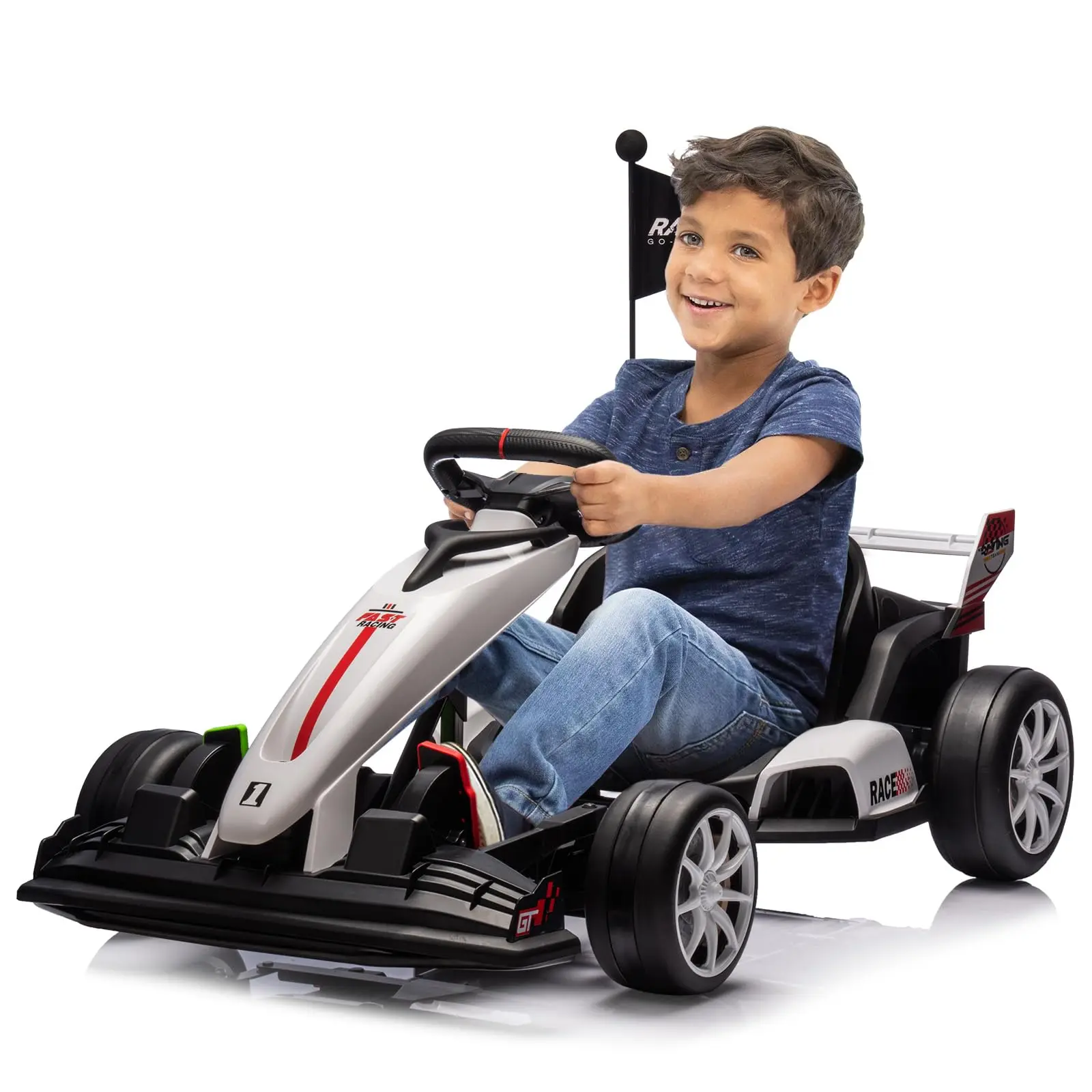 Gaomon 24V Kids High Speed Drifting Go Kart - TPR/Nylon Infinitely Variable Speed Car, 7.5mph Max, 7Ah Battery, 2x200W Motors, Adjustable Legroom, 135 lbs Max Load, Power Display, Seat Belt, Slow Start Function, Birthday Toy for 6-8 Years (White)