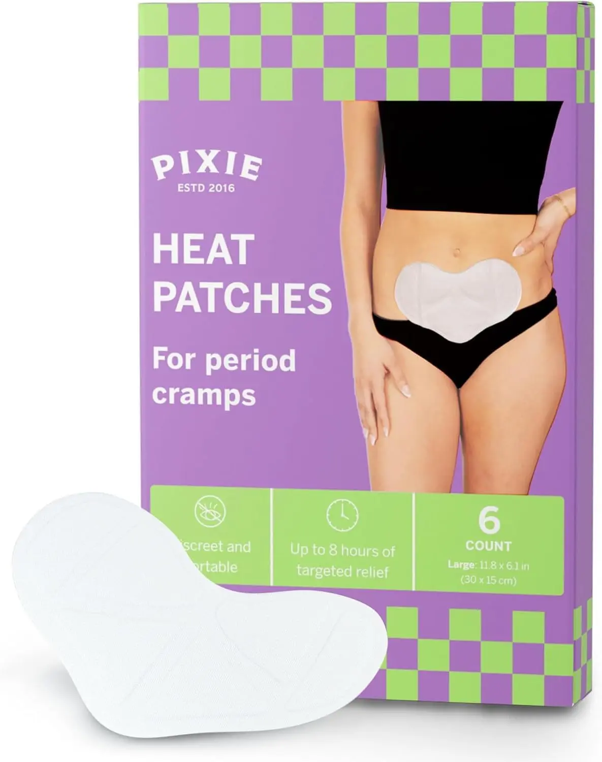 Pixie 8-inch Menstrual Pain Relief Heat Patches – Up to 8 Hours of Warming Comfort – Air-Activated Disposable Heat Pads – Wearable Body Warmers (6 Count)
