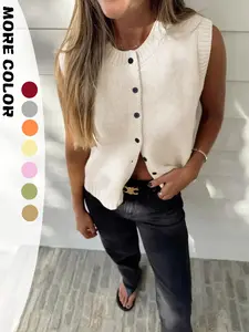 Women's Plain Button Sweater Vest, Casual Soft Fabric Sleeveless Round Neck Knit Top for Spring & Fall, Fashion Women's Knitwear for Daily Wear
