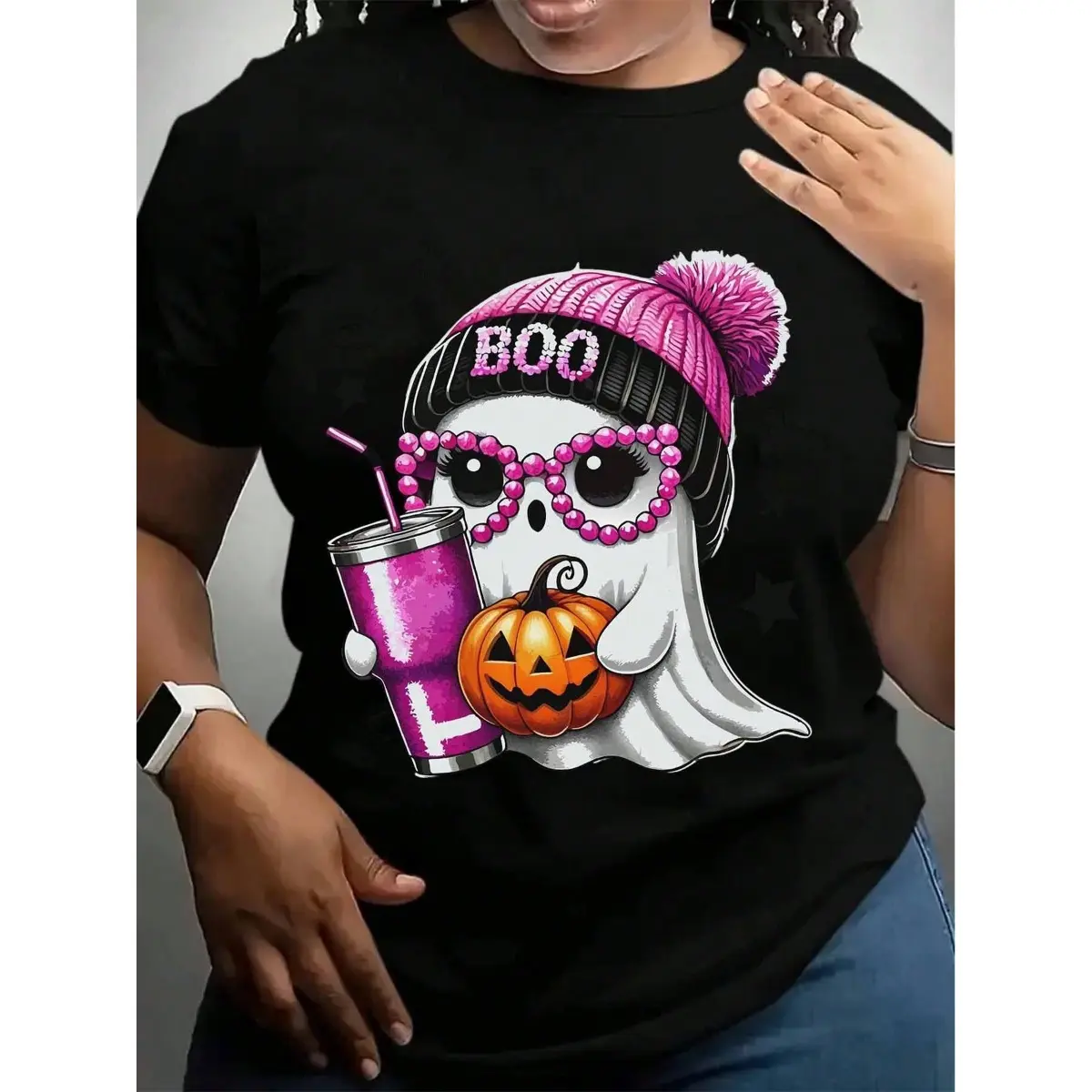 Women's UA241 Short-Sleeve Casual Cotton Fabric Fit Halloween Ghost T-Shirt - Pink Hat, Pumpkin, Coffee, Spooky Fall Gift Tee,music