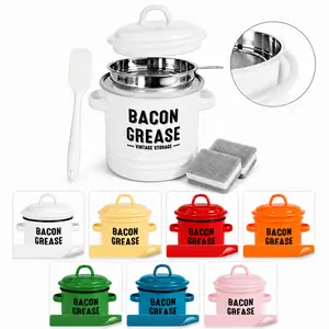 46oz Enamel Bacon Grease Saver with Strainer, Lid & Spatula, Vintage Farmhouse Bacon Fat Storage Can with 2 Cleaning Sponges, Multi-Color Cooking Oil Keeper Kitchen filter container utensil bbq safe filter kitchen