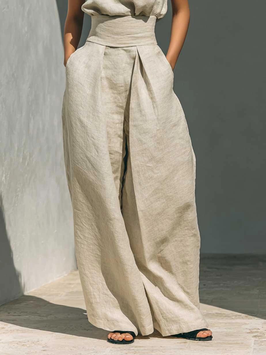 LikeMyChoice 2-Piece Elegant Linen-Blend Set Chic Mock Neck Halter Top & High-Waisted Wide-Leg Pants | Trendy Old Money Aesthetic Outfit for Summer Vacation & Office