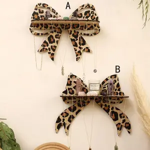 Wooden Bow Design Wall Hanging Jewelry Holder, 1 Count Leopard Print Wall Mounted Jewelry Display Rack, Wall Mounted Organizer, Home Decor for Bedroom, Living Room, Vanity, Decoration