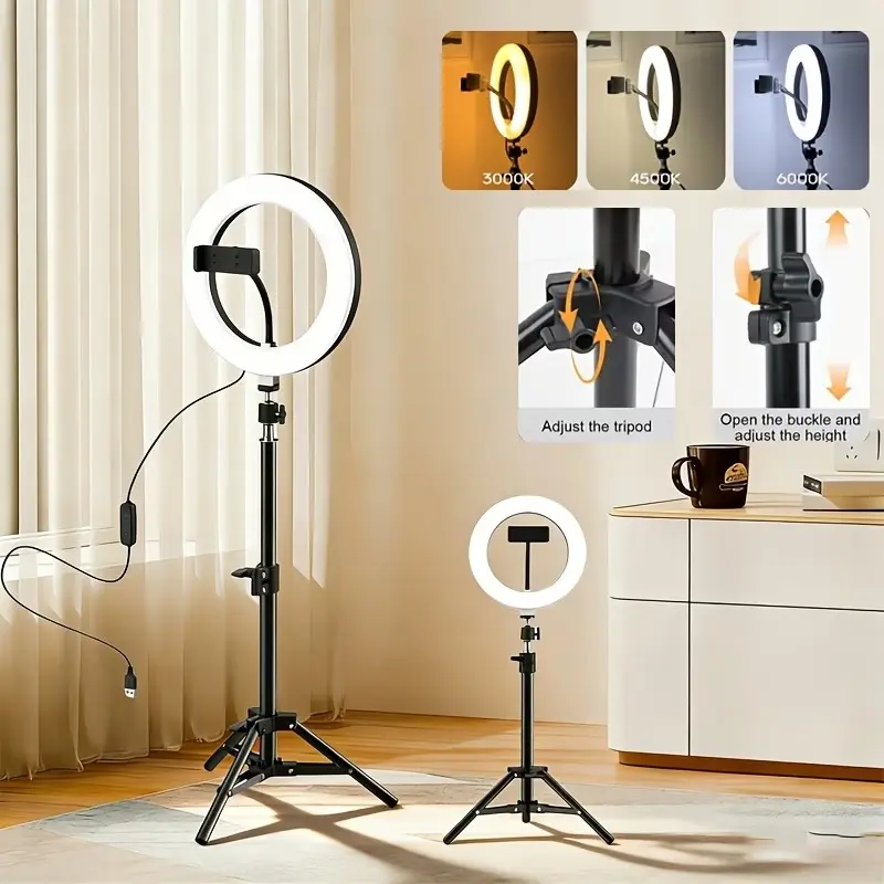 LED Ring Light with Extendable Tripod and Phone Holder, Selfie Light Kit, Adjustable Brightness LED Round Light, Height Adjustable, Suitable for Selfie Camera Photography/Makeup/UTube Video/Vlogging/Live Streaming, Studio Light
