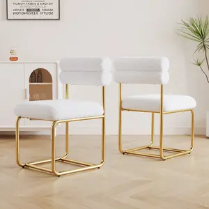 Set of two white teddy fabric dining chairs, circular thick cushioned dining chairs for kitchen and homein, medieval modern minimalist dining chairs, sturdy and comfortable