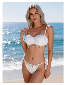 White Pleated Bikini Set - Women's Two Piece Swimsuit with Shell & Starfish Charm, Adjustable Tie Sides, Cute Beachwear for Teens & Adults