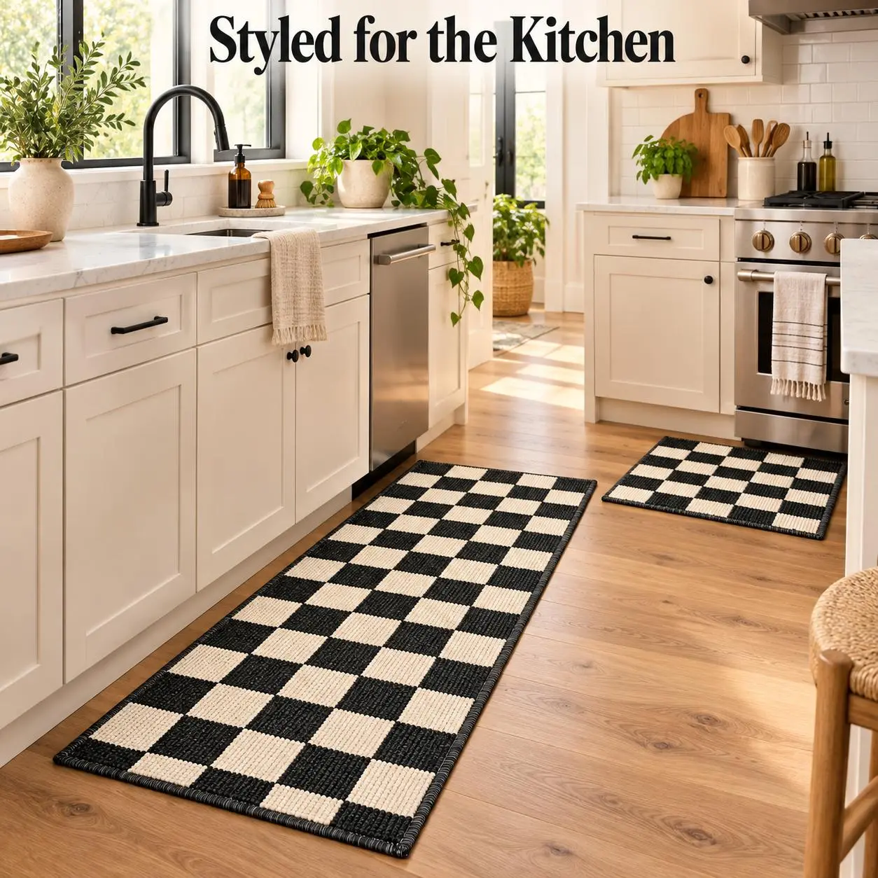 2-Piece Checkered Rug Set, Matching Accent & Runner Rugs for Kitchen, Entryway and Laundry Room