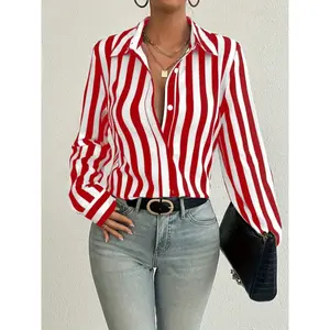 Women's color blocked striped button front long sleeved shirt, loose casual shirt, suitable for spring, summer, autumn, winter, office and daily wear topsRAIMENTRY