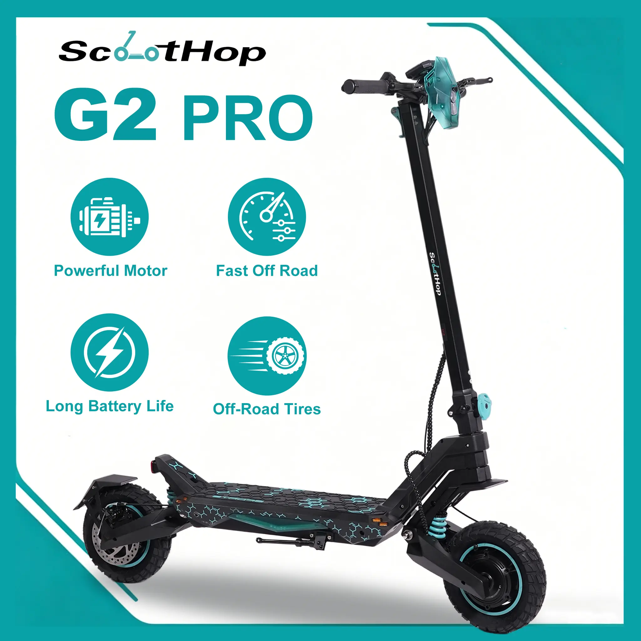 SCOOTHOP G2 Pro Electric Scooter for Adults, Foldable Off-Road Style Commuter with 10-Inch Tires, Powerful Motor up to 35 MPH & Multifunctional LED Display, High Power, Motorized Scooters, Pneumatic Tire, Black And Teal, Outdoor Riding, 12 Months