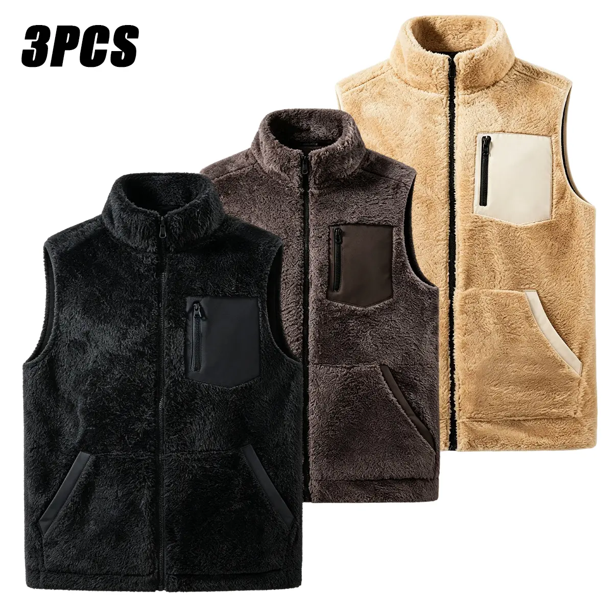 3 Pack Men Zip Up Sherpa Fleece Sleeveless Jacket, Stand Collar Plush Vest with Contrast Patch Pockets, Comfortable Warm Sleeveless Outerwear for Everyday Casual and Outdoor Use