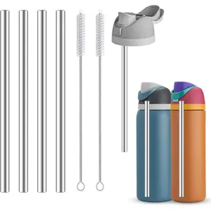 4 count Replacement Stainless Steel Straws Compatible with  Water Bottle 24oz 32oz  Straws with 2 Cleaning Brushes Metal Straw Replacement Compatible with  Freesip (21cm for 24-32oz)