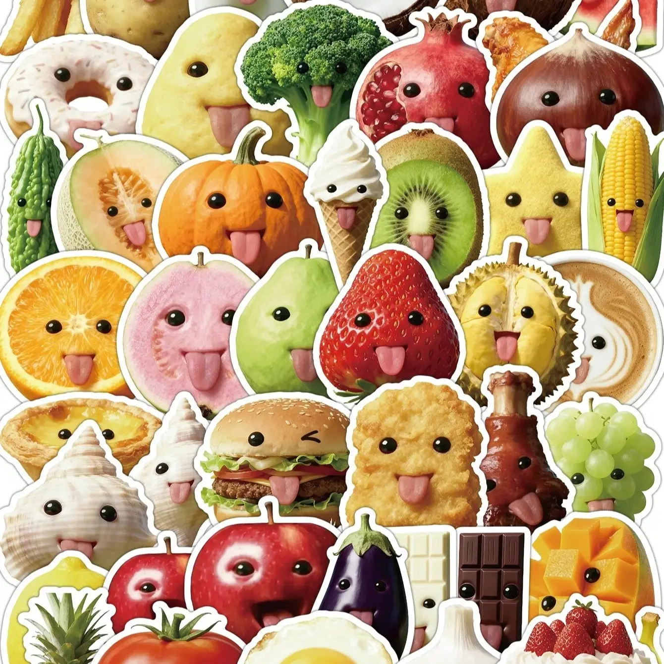 53 Fun Food Stickers—featuring comical expressions and playful poses—are fully customizable and crafted from waterproof vinyl, Funny Stickers. Perfect for decorating refrigerators and lunchboxes, they are sure to bring joy and laughter.