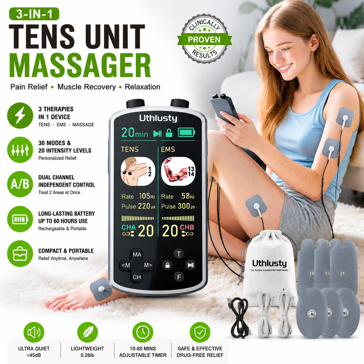 TENS EMS Muscle Stimulator for Neck & Back Pain Relief, Cordless Rechargeable Deep Tissue Muscle Massager for Adults, 36 Modes, Dual Channel, 3.8” Display, Muscle Massagers, Body Care Machine