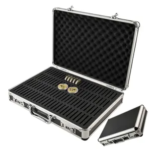 1PC 100-Slot Coin Storage Box with Combination Lock and Portable Handle, Metal Storage Organizer, Aluminum Alloy Case for Commemorative Coin, Coin Holders Capsule Organizer for Numismatist Collector (Slot Size-52mm, Not included Coins)