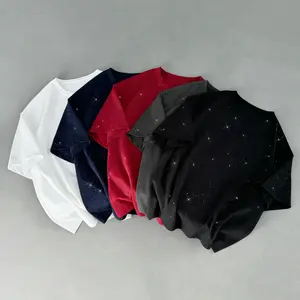 Men’s starry hot-fix rhinestone short-sleeve T-shirt, unisex design; available in multi-packs and multiple colors; loose fit, versatile star-sky design that sparkles; made from polyester fiber; trendy, fashionable short-sleeve suitable for summer wear.