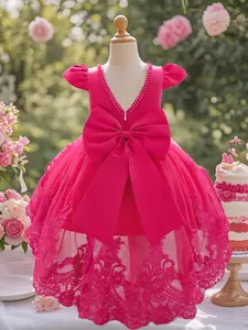 Baby Girl's Plain Floral Embroidery Bow Back High Low Hem Party Dress, Cute Faux Pearls Decor Butterfly Cap Sleeve Zipper Back Mesh Dress for Wedding Party Baby Girl Clothes, Princess Peach Dress Poof, Floral Pattern Dress