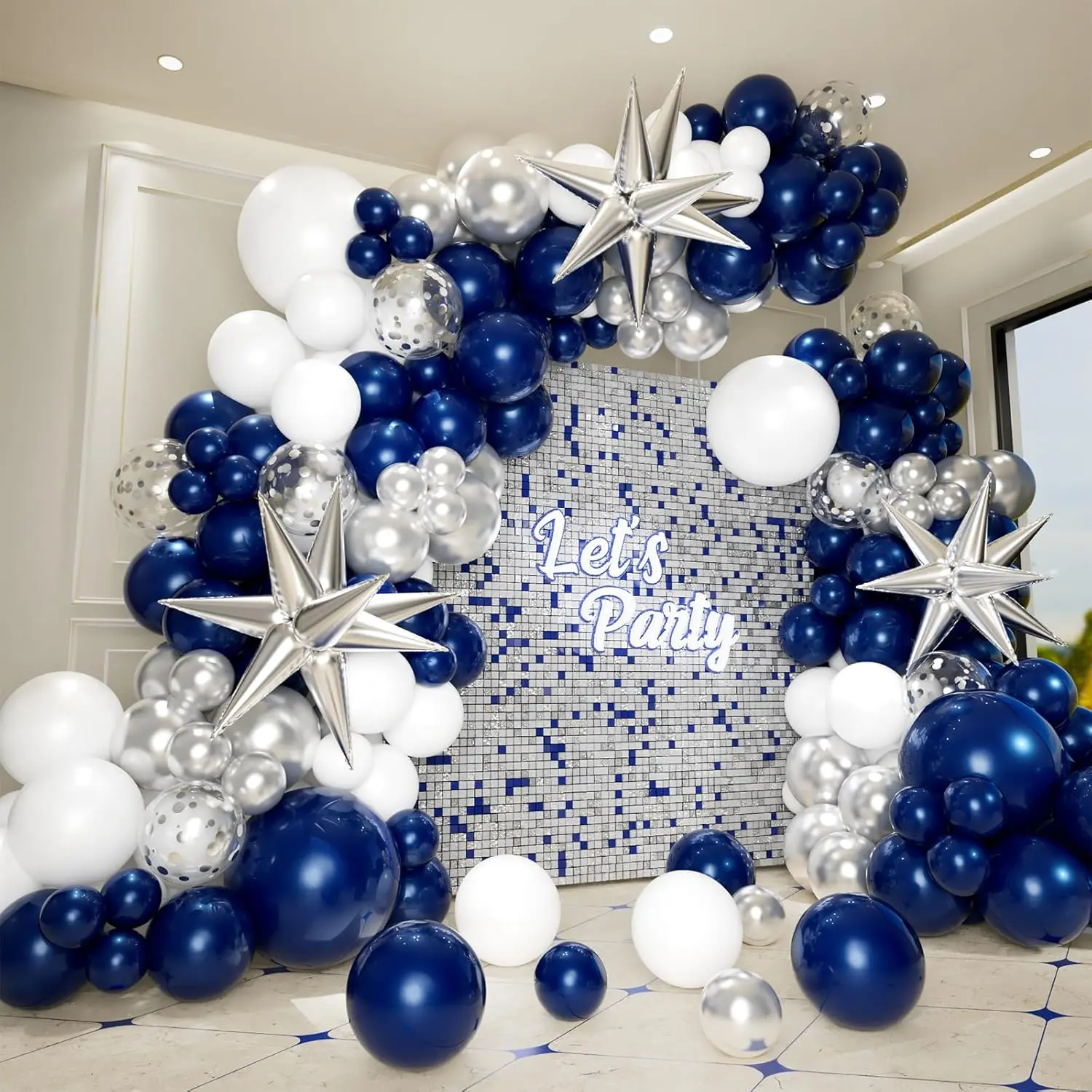 161pcs Navy Blue and Silver Balloon Garland Arch Kit with Blue White Silver Confetti Balloons, Star Foil Balloons, for Graduation New Year Anniversary Birthday Party Decorations