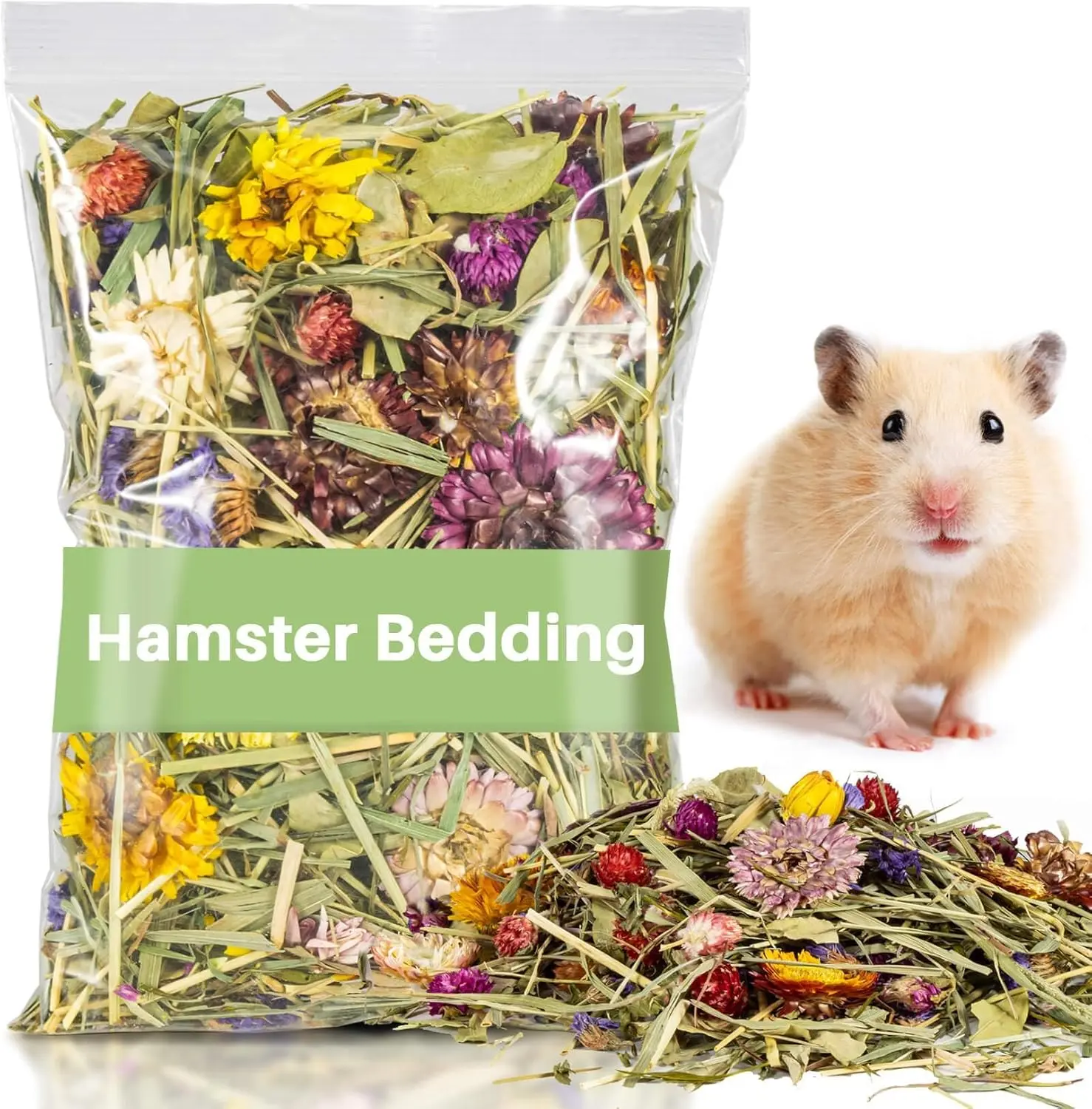 Natural Flower & Herb Hamster Bedding - 150G Odor Control Habitat Decor & Forage Material for Small Animals (Dwarf Hamsters, Guinea Pigs)