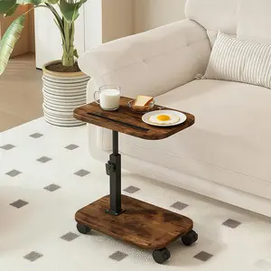 Adjustable Height TV Tray Table with Wheels, C Shaped End Side Table & Phone Tablet Slot, Swivel Snack Stand for Couch, Sofa, Bed,Living Room, Laptop Use in Small Spaces (Rustic Brown)