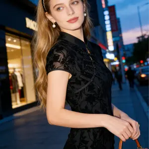 Black Sheer Mesh Cut-out Print Embroidered Handmade Frog Button Short Dress