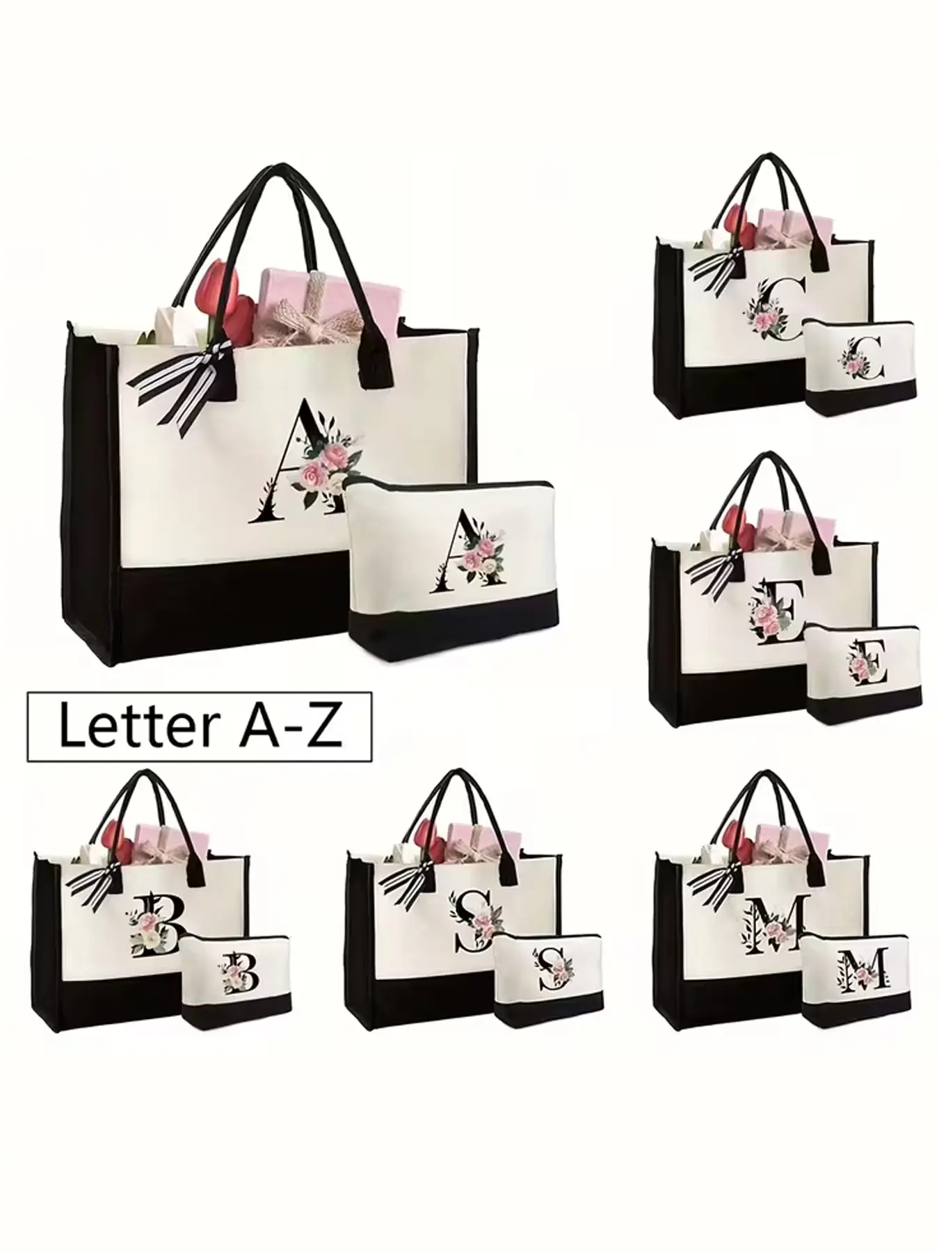 Tote Bag And Makeup Bag With Initials Floral Print, Letters Print Bags, Present Bag, Suitable For Wedding, Birthday, Holiday, For Mom, Teachers, Friends, Simple Large-Capacity Handbag, Portable Casual Storage Tote, Monogram Tote Bag