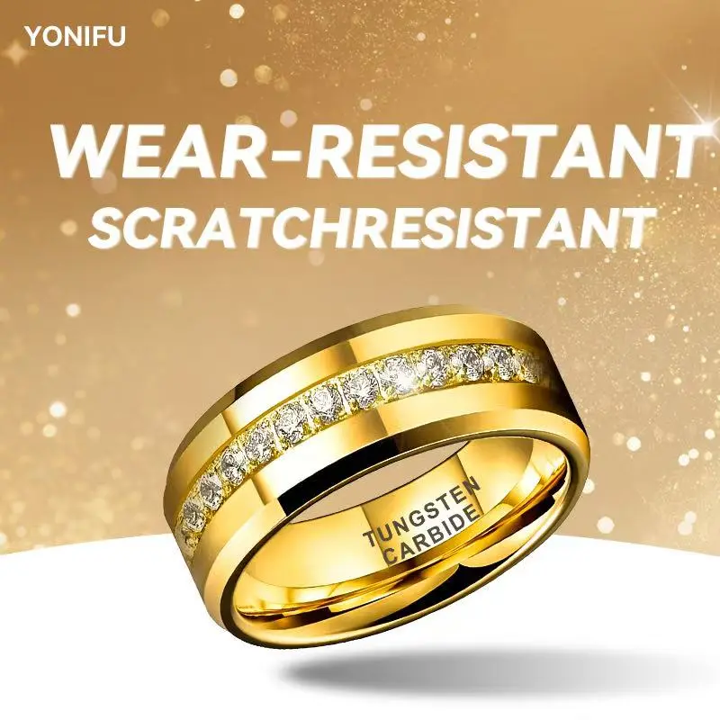 Yonifu Men's Gold-Plated Tungsten Marriage Ring, 8mm Width Wedding Band with Full Diamond Inlay for Engagement, Statement Wedding Ring, Tungsten Rings